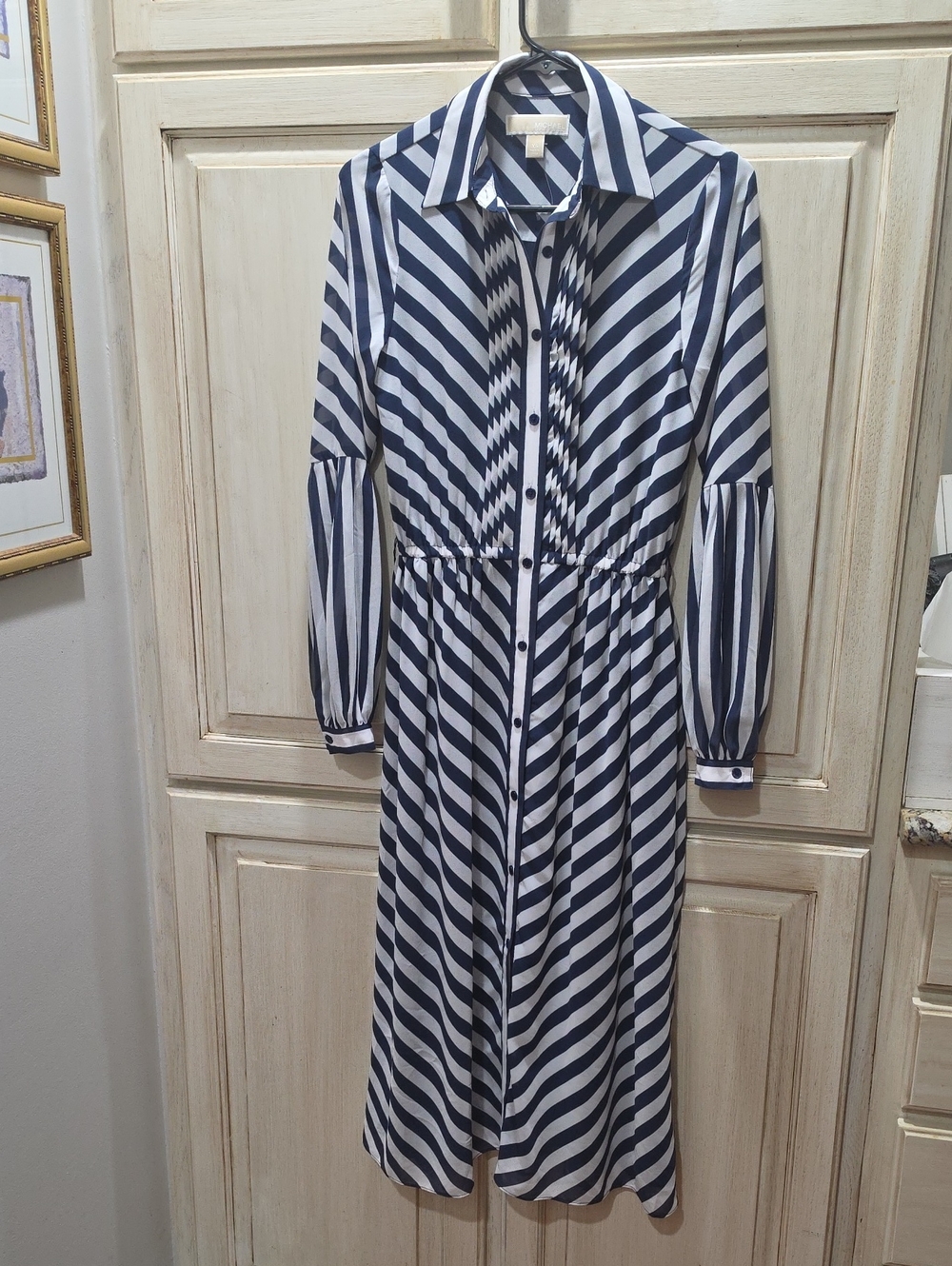 Michael Kors Navy and White Striped Maxi Shirt Dress